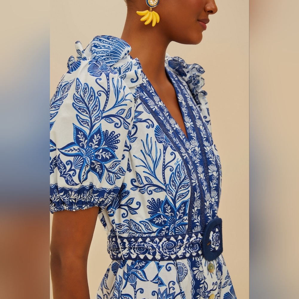 NEW FARM Rio blue & off-white shell garden 100% organic cotton Romper Size Small - Picture 9 of 13